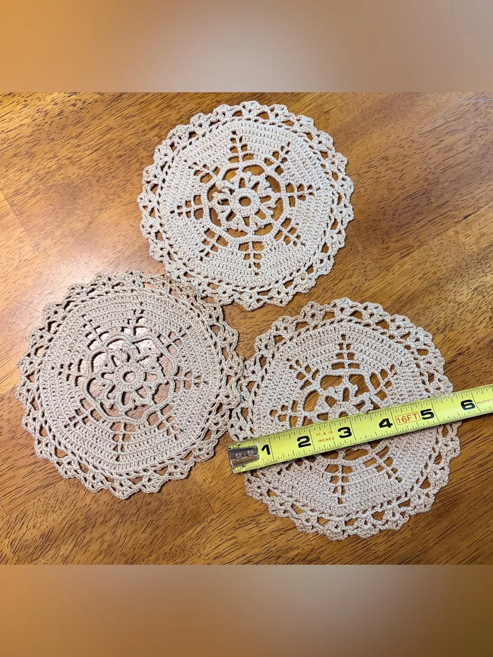 Handmade round cream cotton crochet dollies,set 3.Snowflake.6”/15.5 cm diameter.